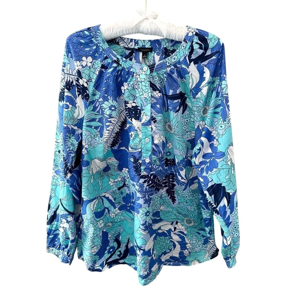 TALBOTS Blue Jungle Garden Floral Cotton Popover Blouse Large Botanical Boho